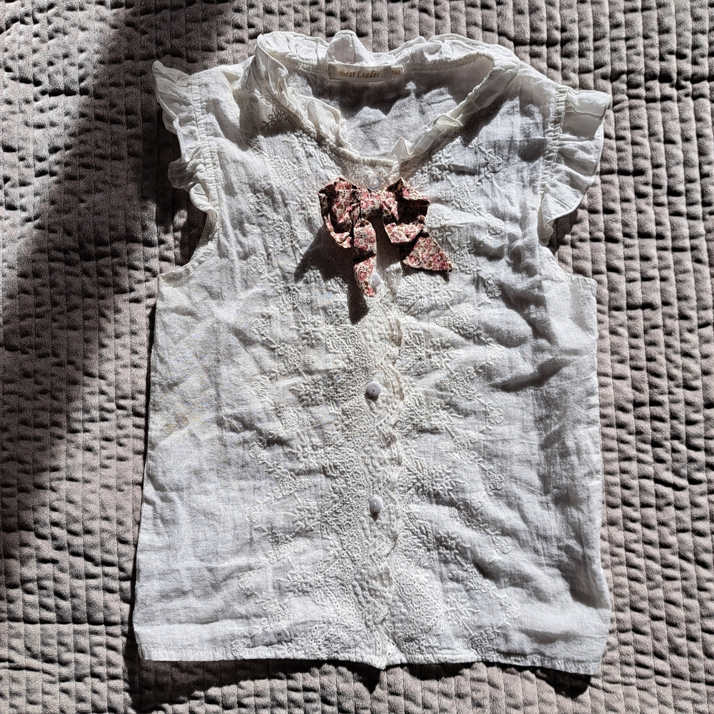 Bear Leader Cute Boho White Button-Down Girls' Blouse Size 8